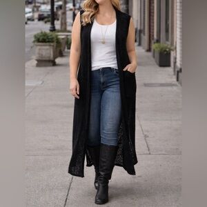 Torrid Black Open Knit Long Duster Vest Cardigan Sleeveless Layering Sweater